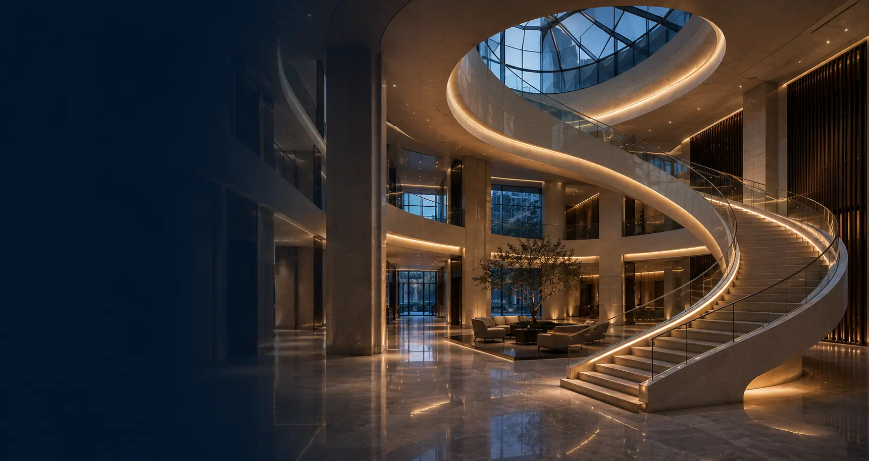 A premium contemporary atrium with a sweeping illuminated spiral staircase, layered architectural levels, stone, glass, and warm integrated lighting.