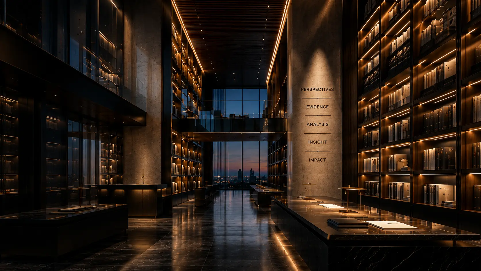 A premium contemporary research library with illuminated bookshelves, architectural stone surfaces, a dusk skyline, and the words Perspectives, Evidence, Analysis, Insight, and Impact integrated into the space.