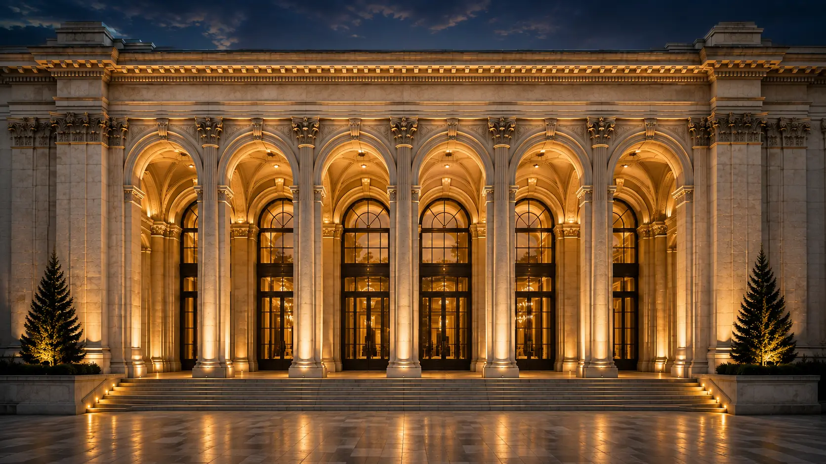 Six illuminated classical architectural archways at dusk, representing the six connected Talent Quotient Group solutions.