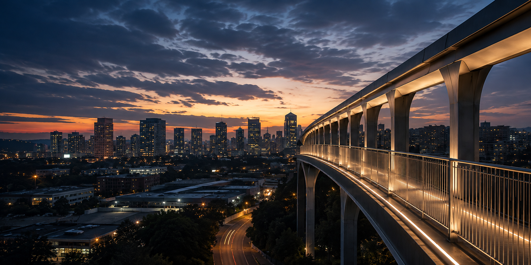 Illuminated bridge leading toward a city skyline at dusk.